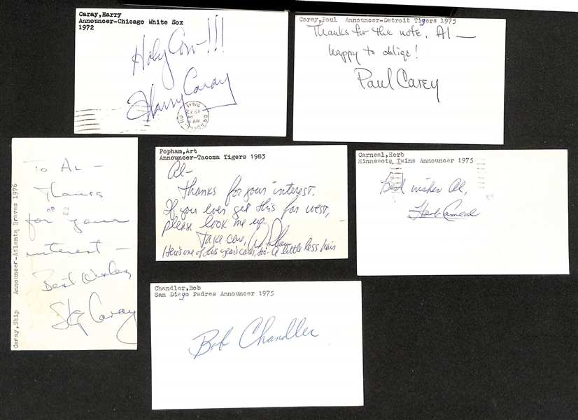 Lot of (6) Signed Baseball Announcer Index Cards- Harry Caray, Paul Carey, Skip Caray, Art Popham, Herb Carneal, Bob Chandler - (Beckett BAS Reviewed)